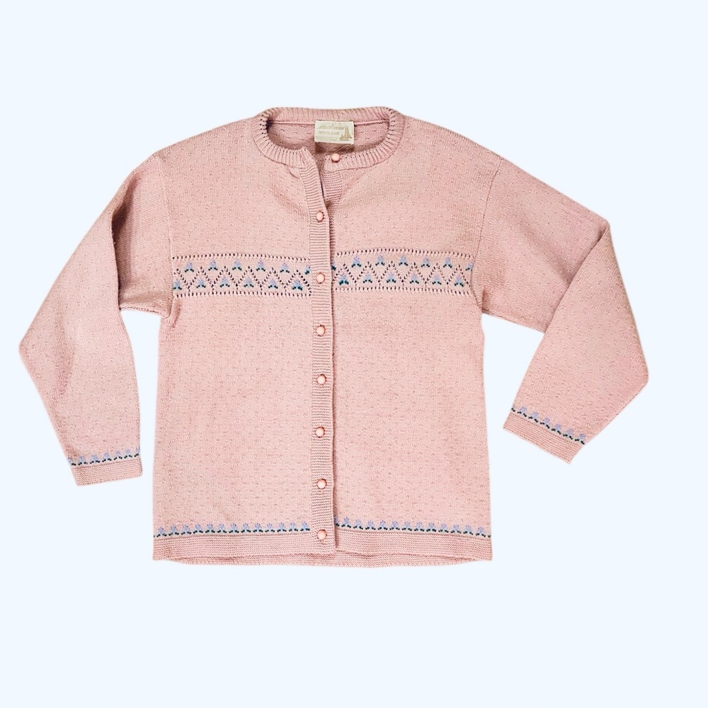 Vintage Mackinaw Woolens Pink Cardigan Large? Granny Core Pointelle Sweater 60s